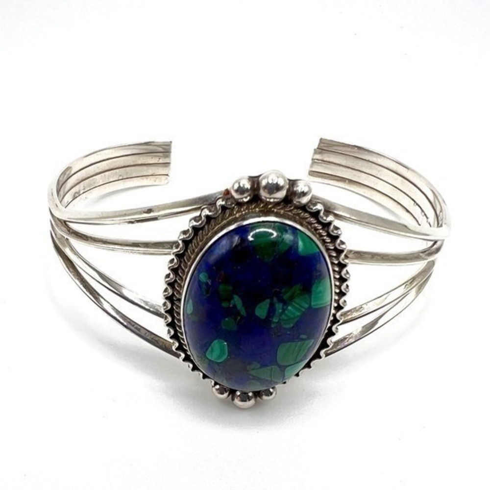 Sterling Silver Navajo Running Bear signed Malachite Azurite Cuff Bracelet SW